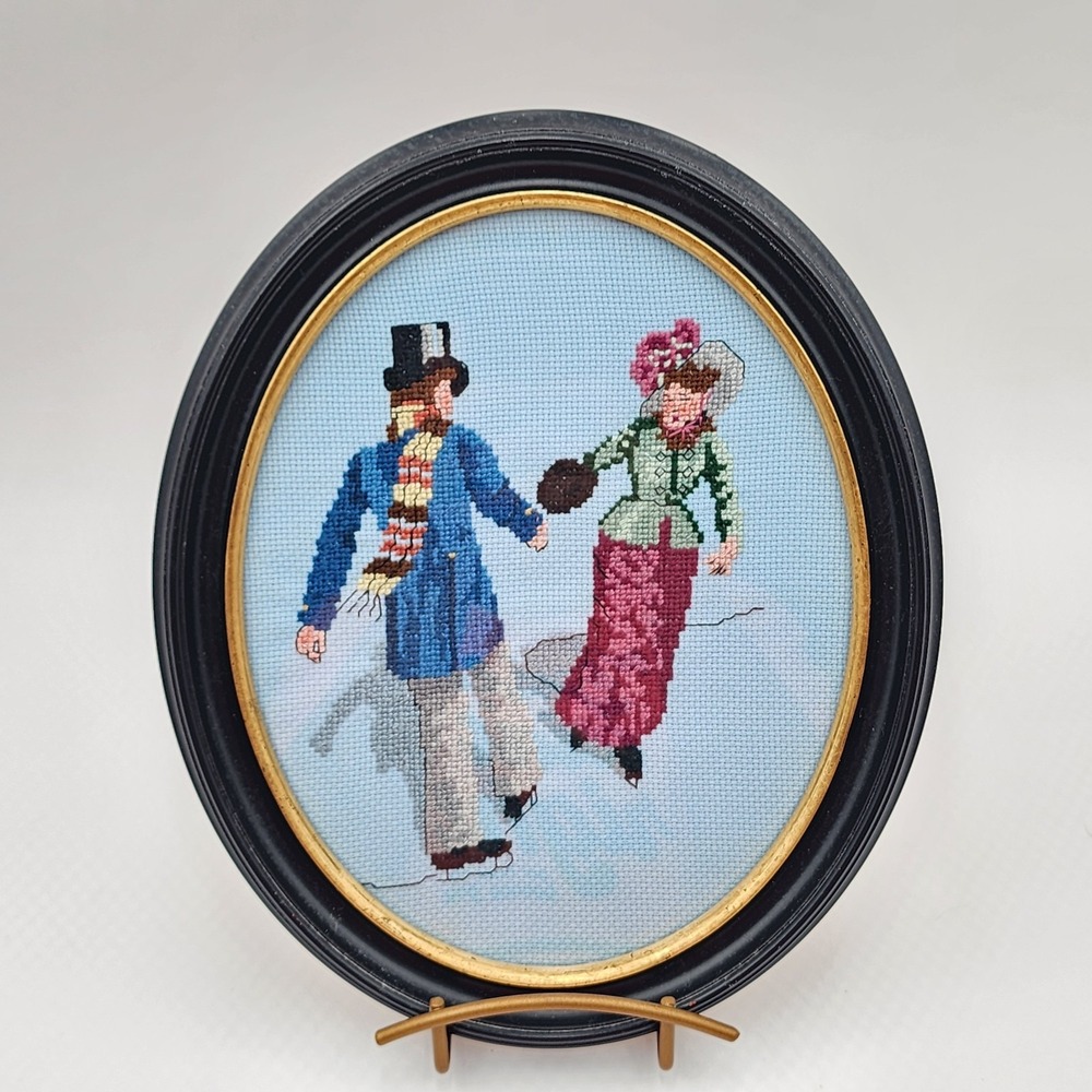 Vintage Framed Cross Stitch Ice Skating Couple Victorian Winter Scene Oval 12x10